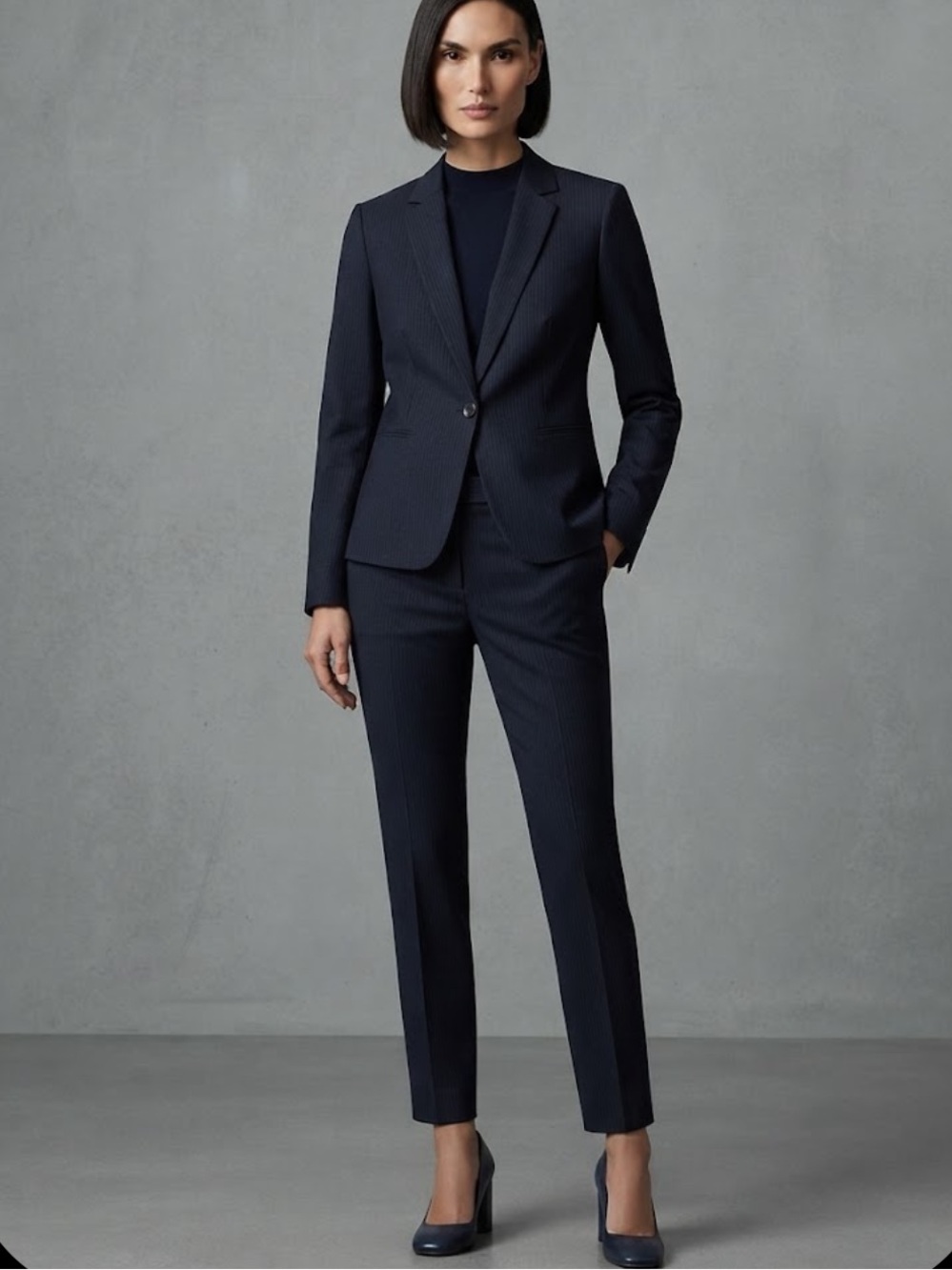 ANN TAYLOR Navy Blue Pinstripe Linen Blend Suit Set Size 8